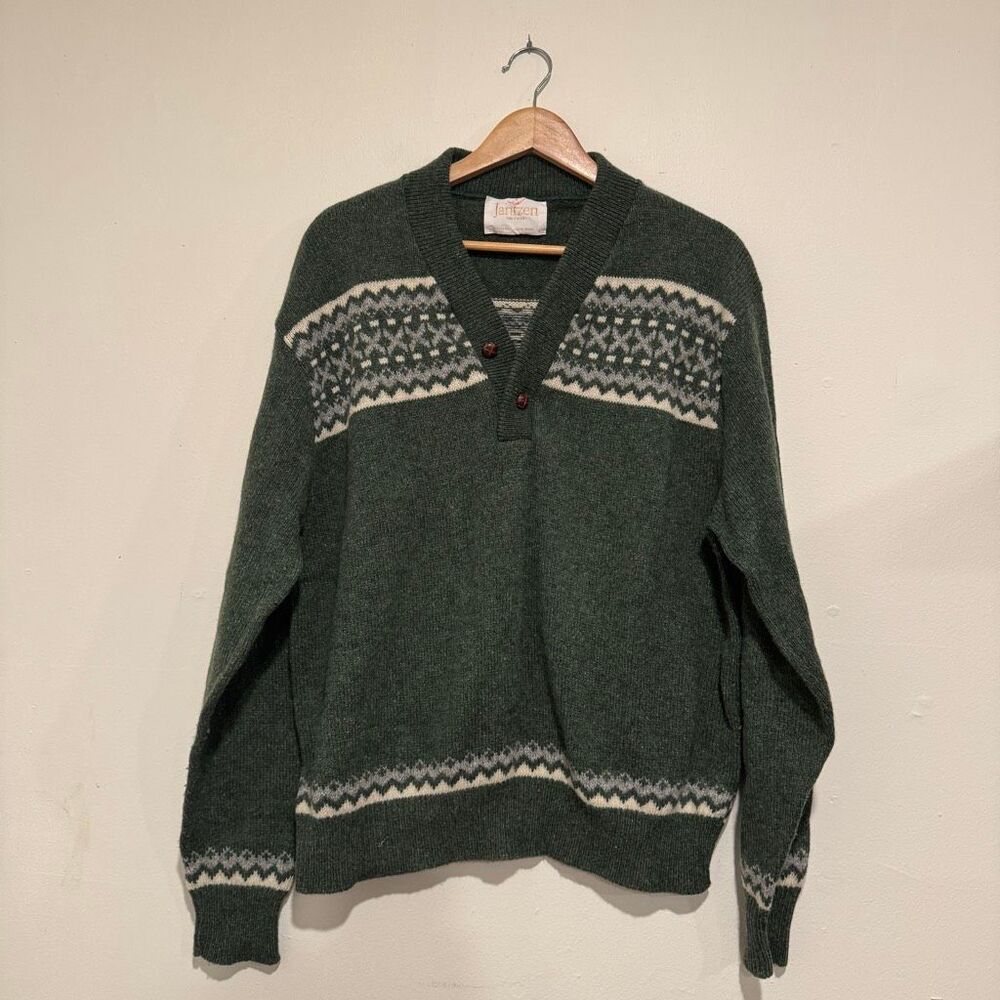 Vintage Jantzen Sweater Green Fair Isle Pattern Button Neck Size Large Mens